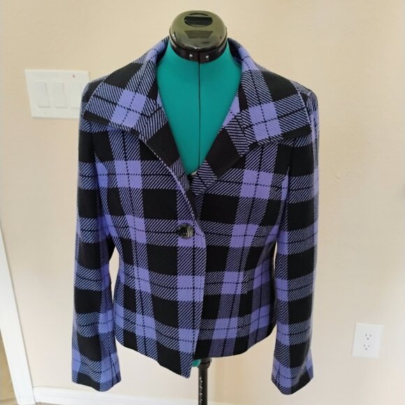Evan-Picone Black Purple Checkered Blazer Size 8 - Picture 2 of 10
